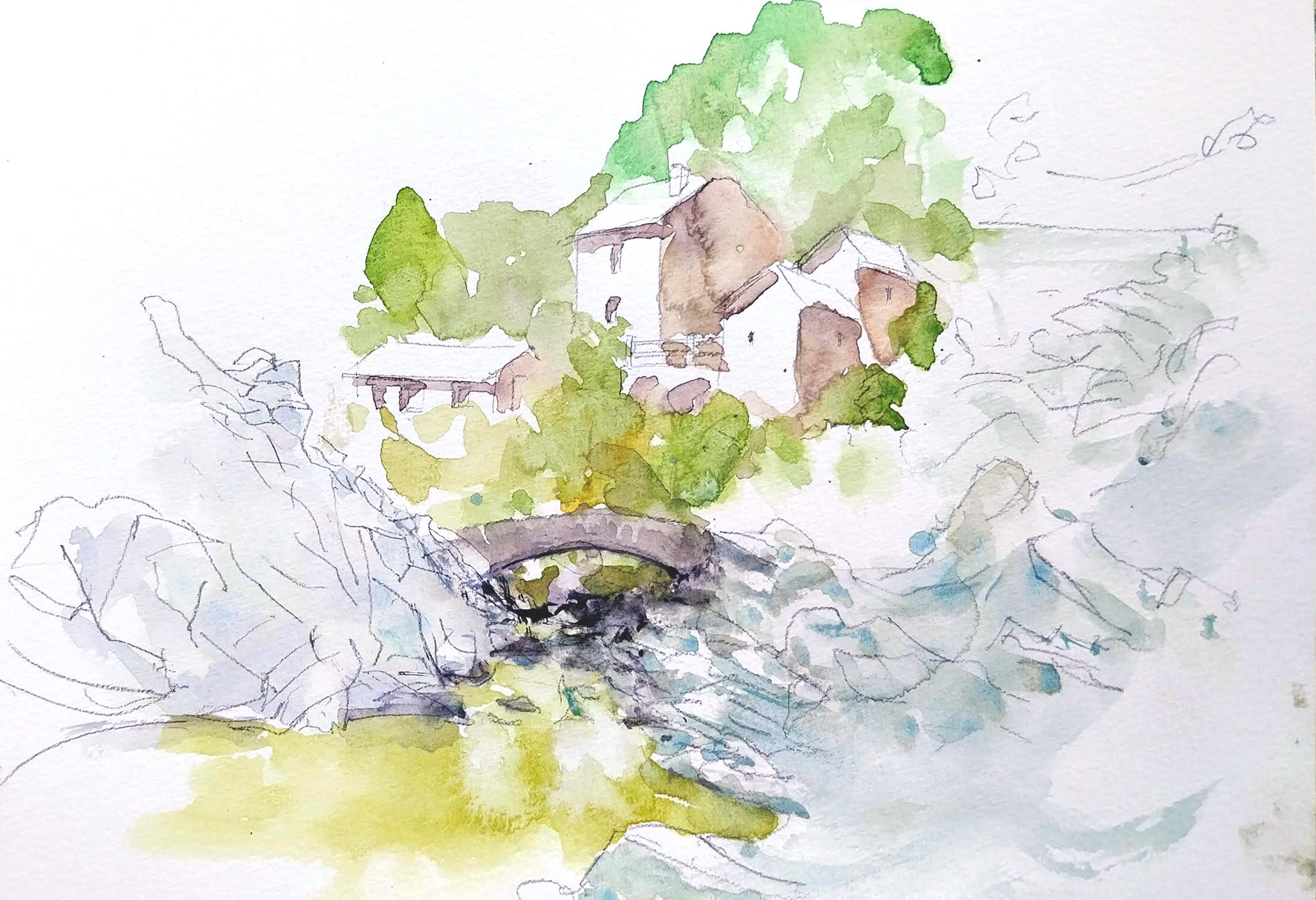 original and authentic sculpture by artist stéphane gantelet. title of artwork : aquarelle_341_Moulin-du-Roure_riviere_paysage_pont_vert_2025