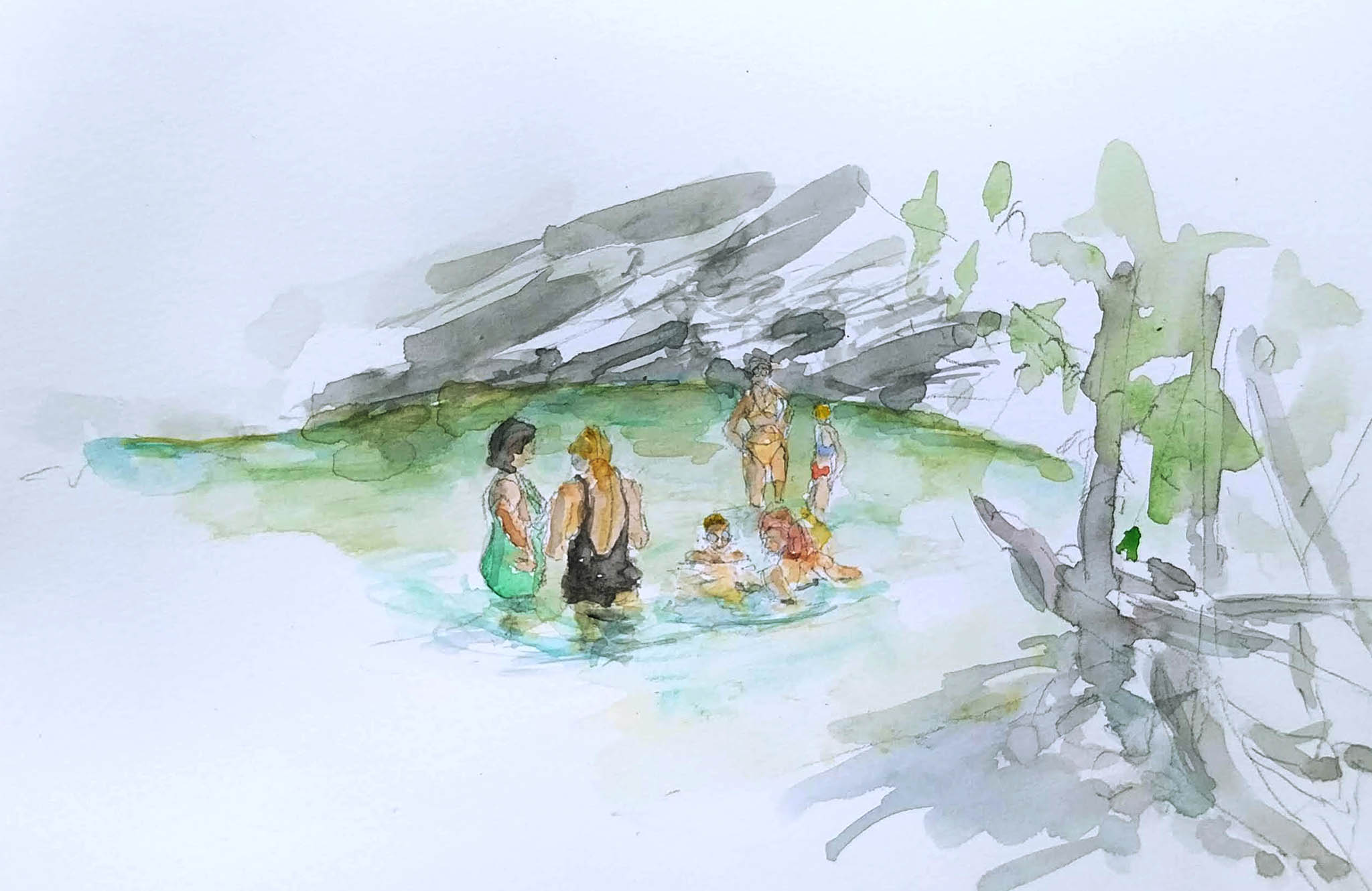 original and authentic sculpture by artist stéphane gantelet. title of artwork : aquarelle_347_Souillas_riviere_personnage_groupe_noir_2026