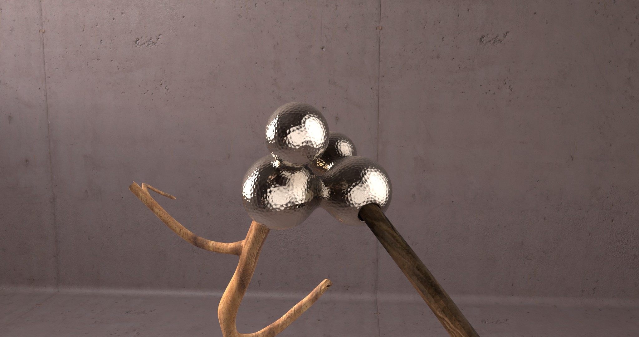 Branching is a series of sculptures that connect imaginary bone structures with different types of wood. The bones are imagined as articulations between woods of distinct variety. These sculptures propose a hybridization that summons nature to create an unnatural dialogue. Often made of metal (stainless steel), the bone evokes a prosthesis, while its shape refers to the organic development of the body’s bone structures.