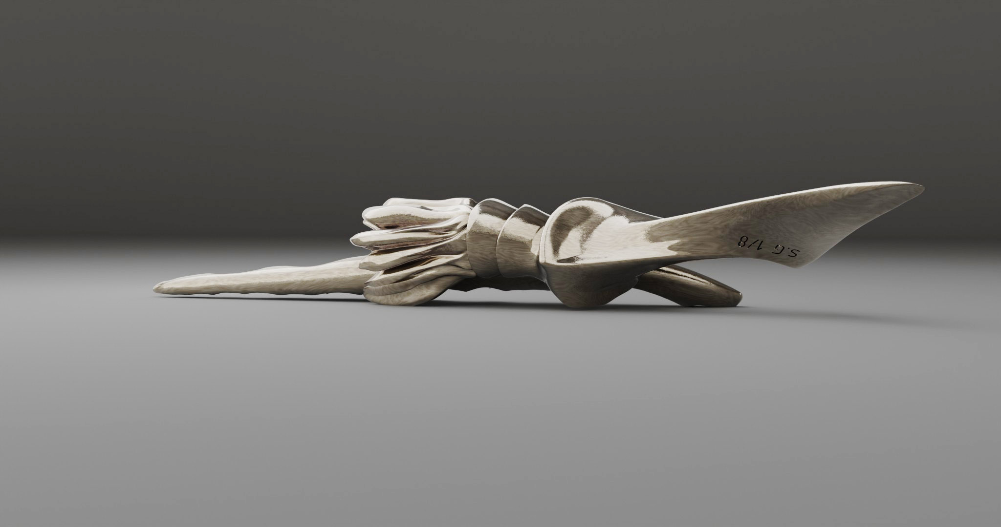 Branching is a series of sculptures that connect imaginary bone structures with different types of wood. The bones are imagined as articulations between woods of distinct variety. These sculptures propose a hybridization that summons nature to create an unnatural dialogue. Often made of metal (stainless steel), the bone evokes a prosthesis, while its shape refers to the organic development of the body’s bone structures.