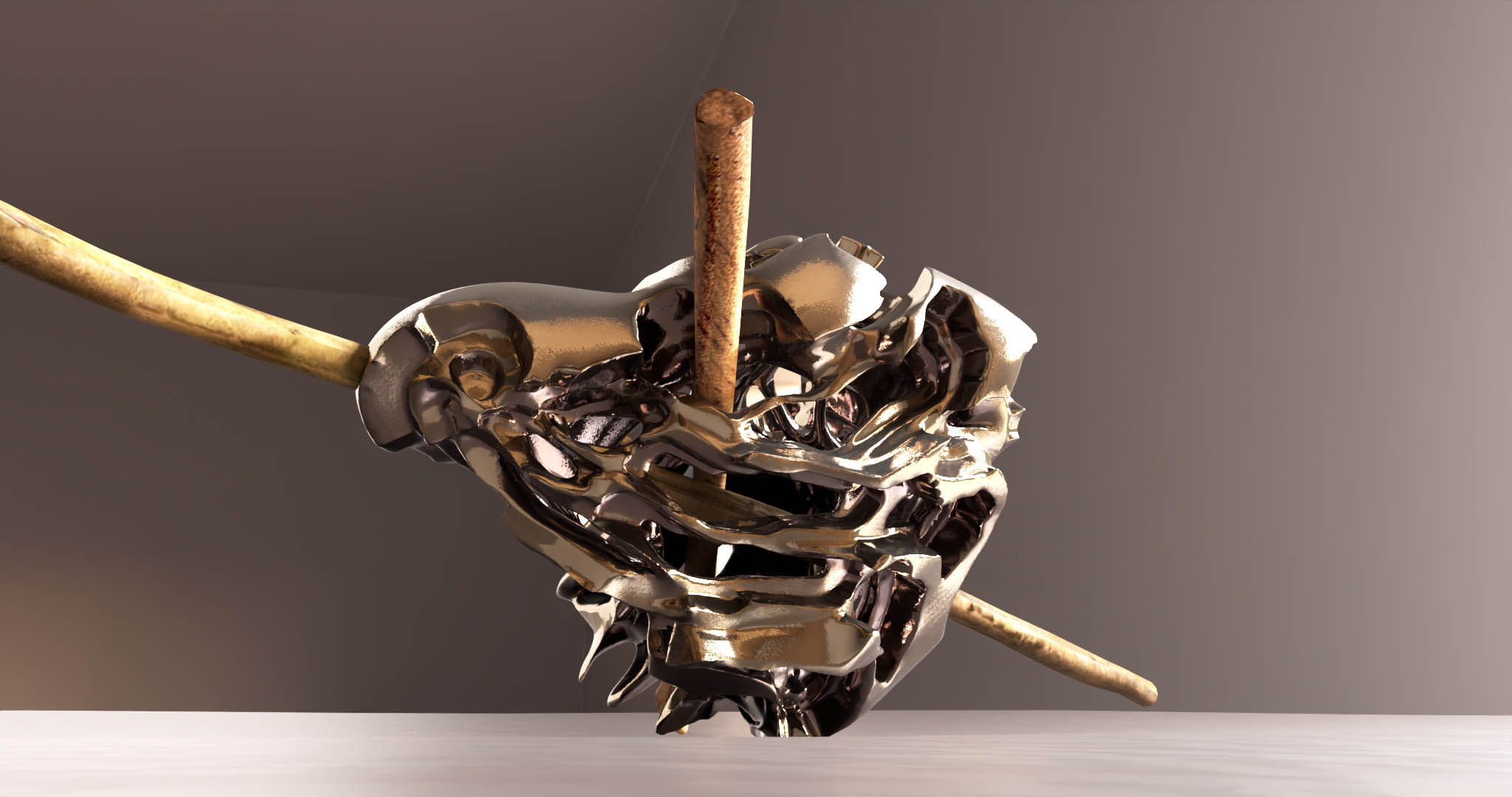 Branching is a series of sculptures that connect imaginary bone structures with different types of wood. The bones are imagined as articulations between woods of distinct variety. These sculptures propose a hybridization that summons nature to create an unnatural dialogue. Often made of metal (stainless steel), the bone evokes a prosthesis, while its shape refers to the organic development of the body’s bone structures.