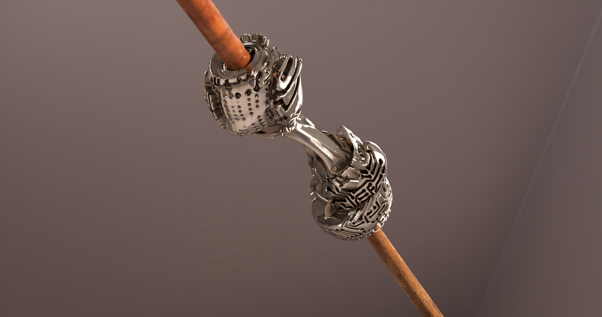 Branching is a series of sculptures that connect imaginary bone structures with different types of wood. The bones are imagined as articulations between woods of distinct variety. These sculptures propose a hybridization that summons nature to create an unnatural dialogue. Often made of metal (stainless steel), the bone evokes a prosthesis, while its shape refers to the organic development of the body’s bone structures.